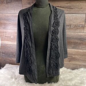 Forever Fashion Ladies Cardigan, Size Petite Small, Black with Cloth Floral Trim